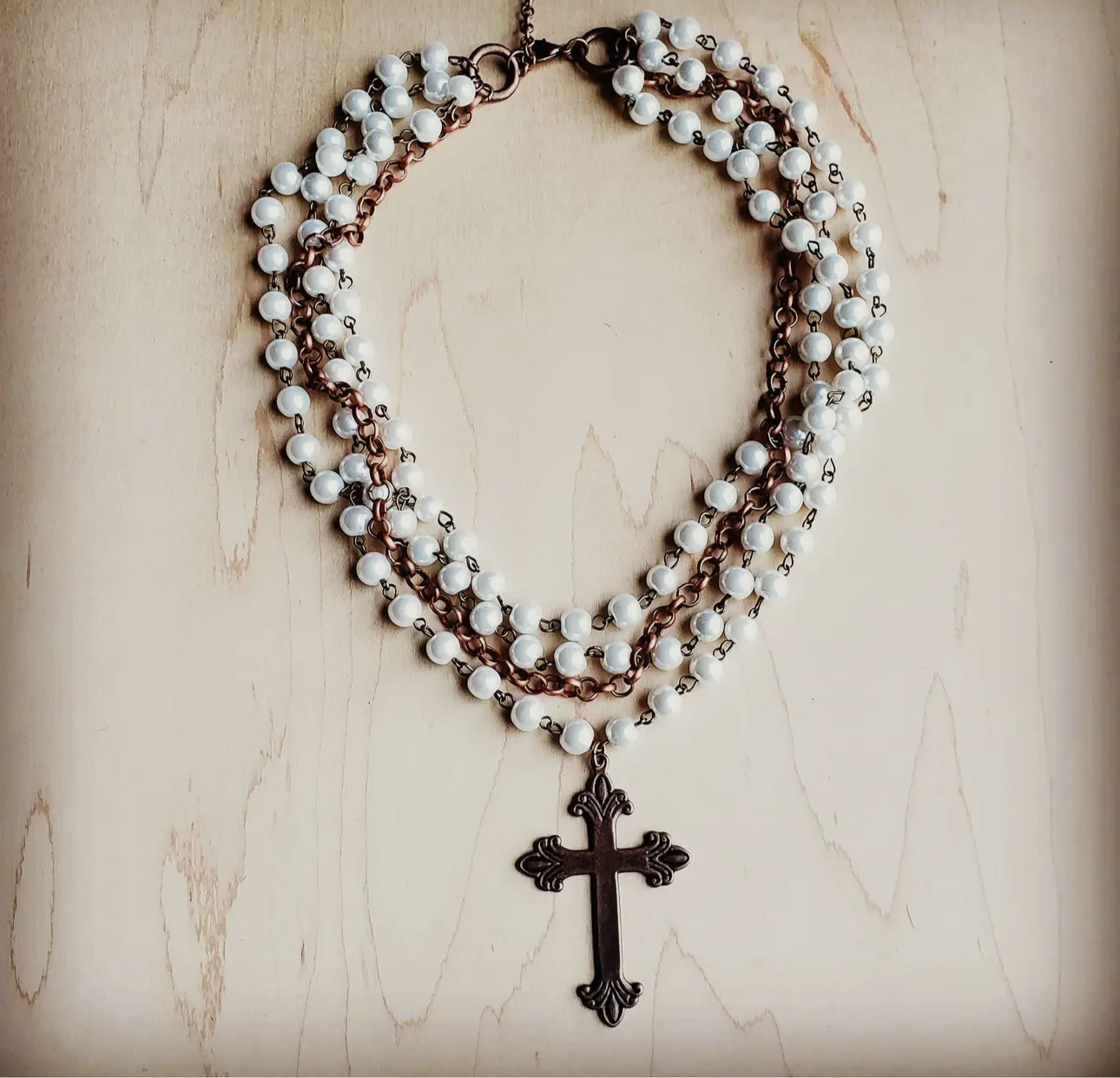 Pearl and Copper Cross Necklace