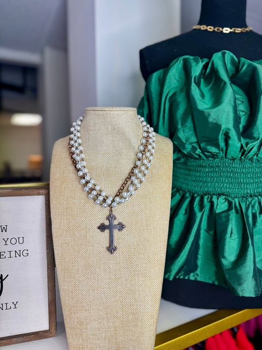 Pearl and Copper Cross Necklace