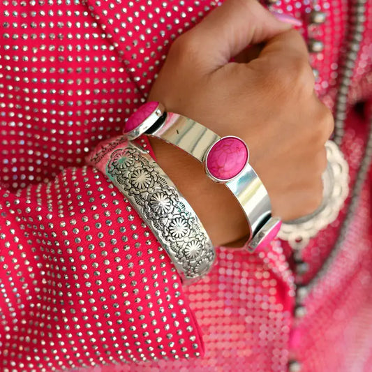 Silver Bangle with Pink Stones